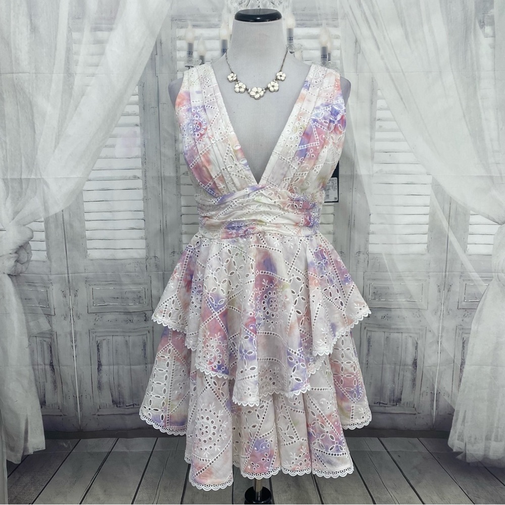 NWT - Gianni Bini White Purple Embroidered V Neck Ruffle Tiered Dress NEW